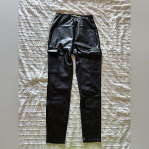 Black Faux Leather Cargo Pants